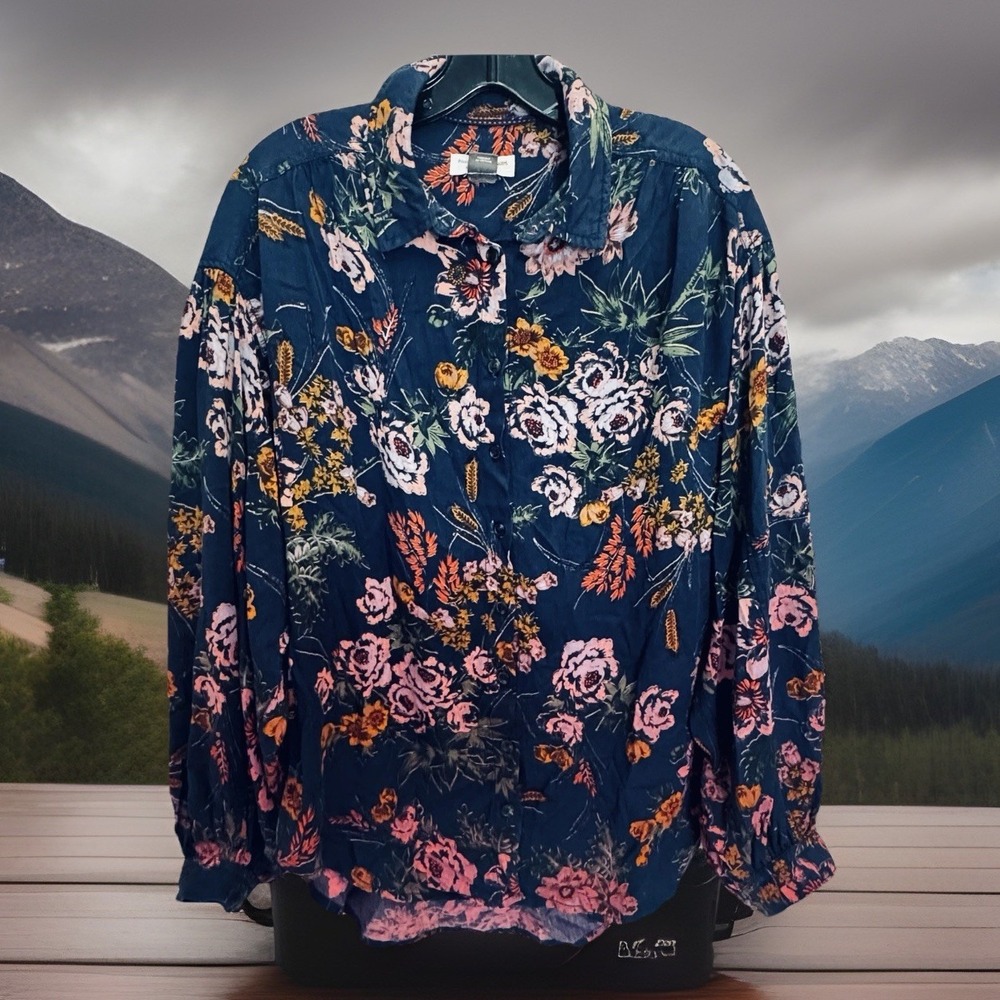 Anthropologie Pilcro Womens Evika Buttondown Shirt Md Floral Navy Long Sleeve